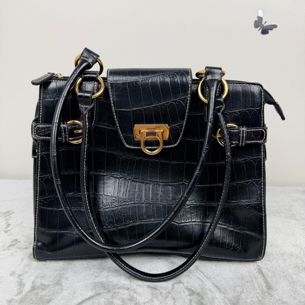 VINTAGE Apt. 9 Black Croc Embossed Leather Satchel Shoulder Bag Gold Hardware